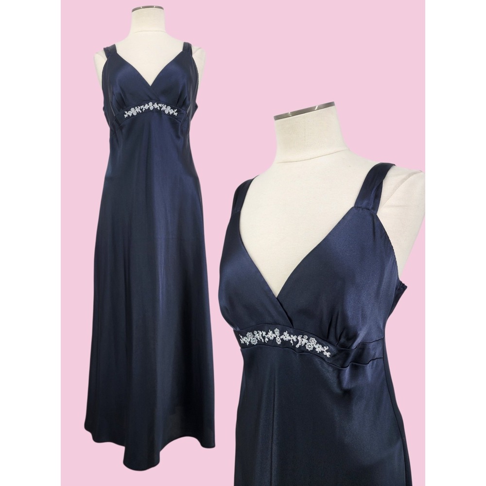 Women Vintage Y2K Babydoll Dress Bias Cut Satin Maxi Cocktail Embroidery Large